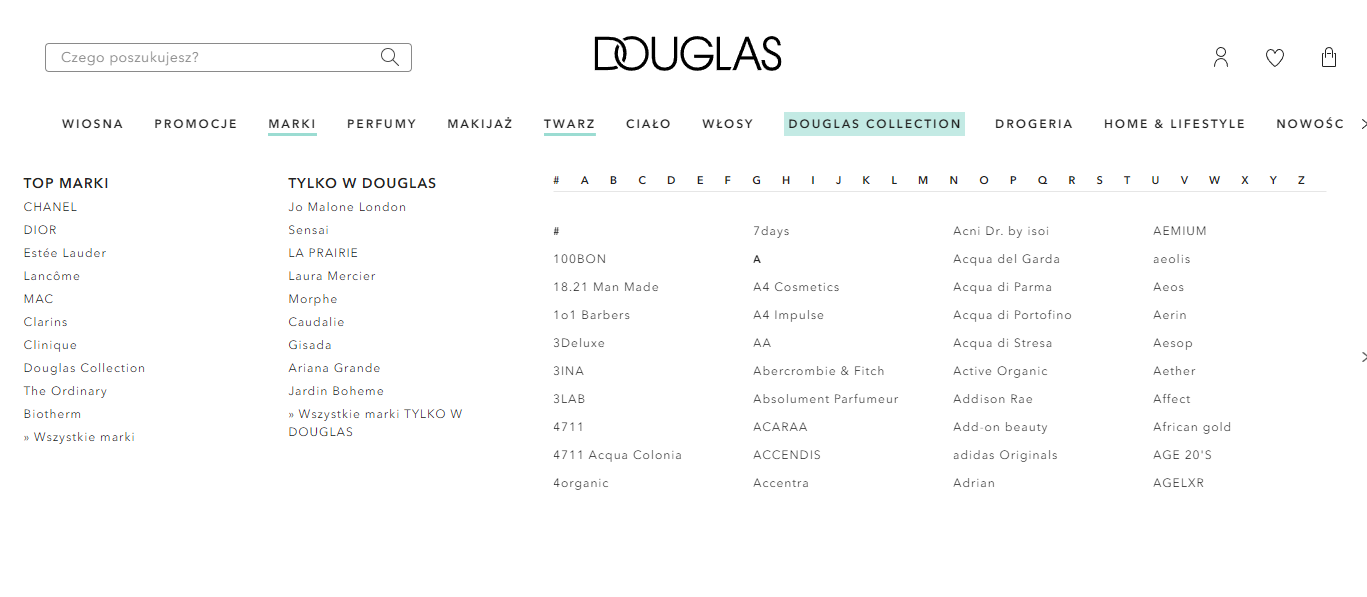 Intuicyjne menu serwisu Douglas